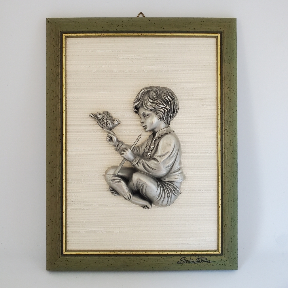 Les Etains Du Prince Boy with Flute and Bird Vintage French Pewter Framed Signed